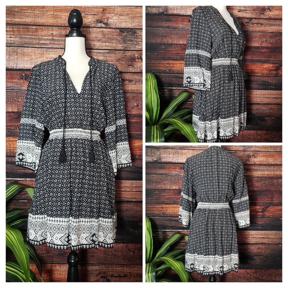 Divided by H&M Peasant Dress 10 Smocked Waist Flared Cropped Sleeves Viscose NEW